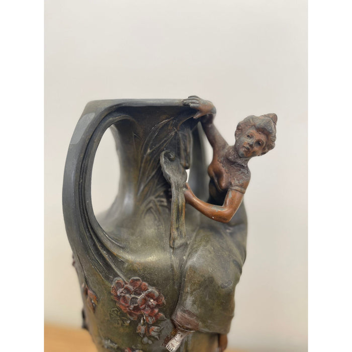 Vintage Art Nouveau Era Vase With Feminine Figurine Sculpture and Floral Motif.