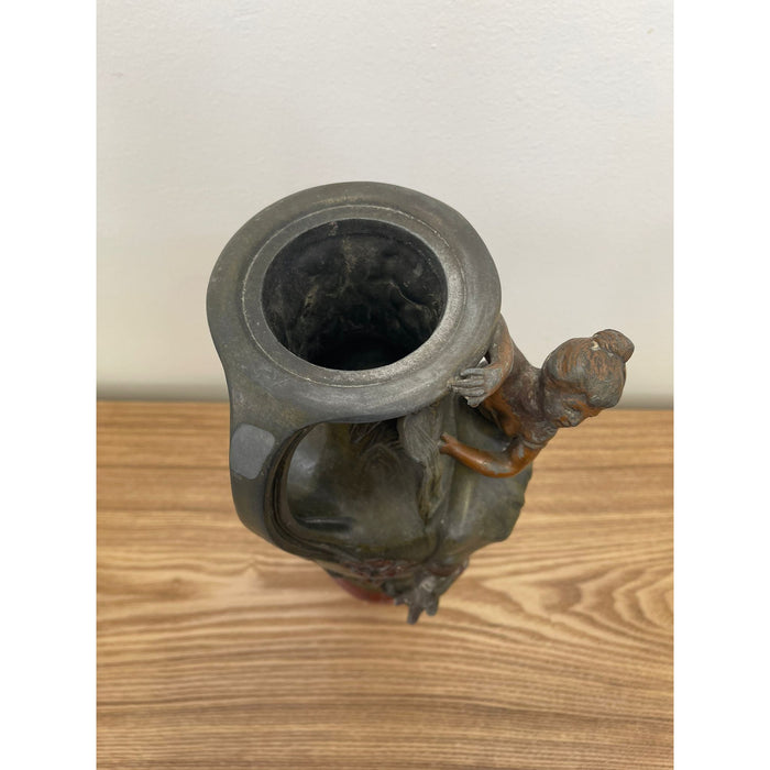 Vintage Art Nouveau Era Vase With Feminine Figurine Sculpture and Floral Motif.