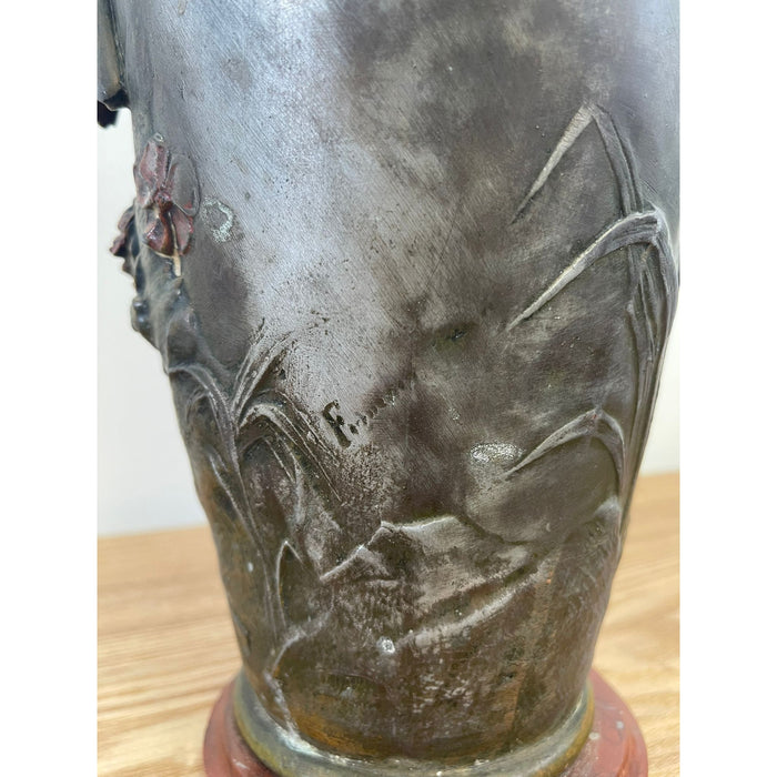 Vintage Art Nouveau Era Vase With Feminine Figurine Sculpture and Floral Motif.