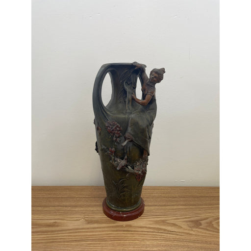 Vintage Art Nouveau Era Vase With Feminine Figurine Sculpture and Floral Motif.