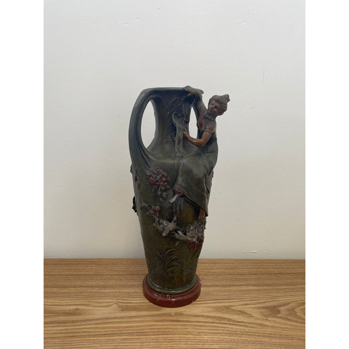 Vintage Art Nouveau Era Vase With Feminine Figurine Sculpture and Floral Motif.