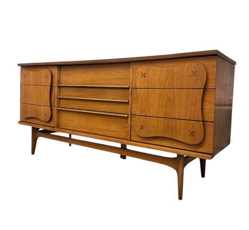 Vintage Bassett Monterey Mid-Century Modern Walnut 5-Drawer and 9-Drawer Dresser Set with Rosewood ‘X’ Inlays by Leo Jiranek Circa 1963