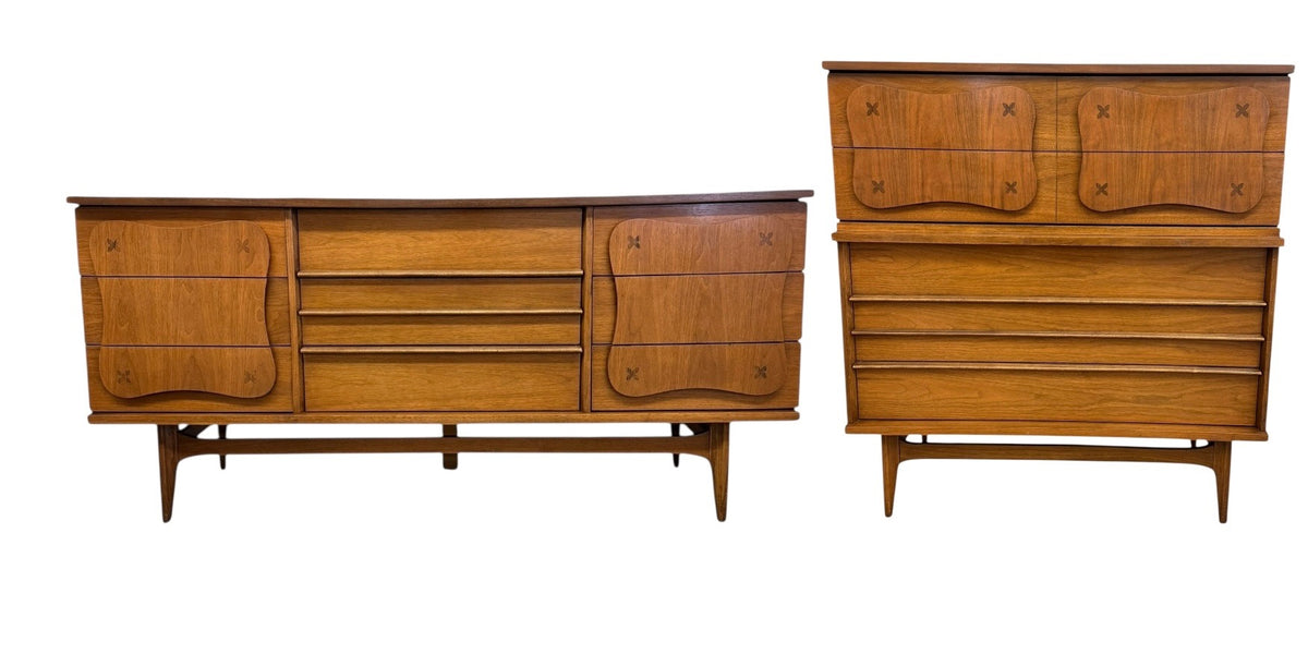 vintage bassett furniture dresser Monterey Mid-Century Modern Walnut 5-Drawer and 9-Drawer Set with Rosewood ‘X’ Inlays by Leo Jiranek Circa 1963 Combined Color:Hot Chocolate Lace Bodycon Dress in CollDresses