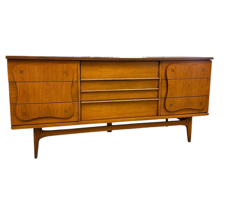 Vintage Bassett Monterey Mid-Century Modern Walnut 9 Drawer Dresser with Rosewood ‘X’ Inlays by Leo Jiranek Circa 1963