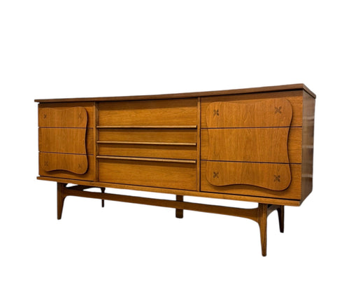 Vintage Bassett Monterey Mid-Century Modern Walnut 9 Drawer Dresser with Rosewood ‘X’ Inlays by Leo Jiranek Circa 1963