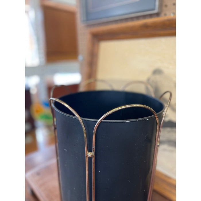 Vintage Black Trash Bin With Gold Toned Accents