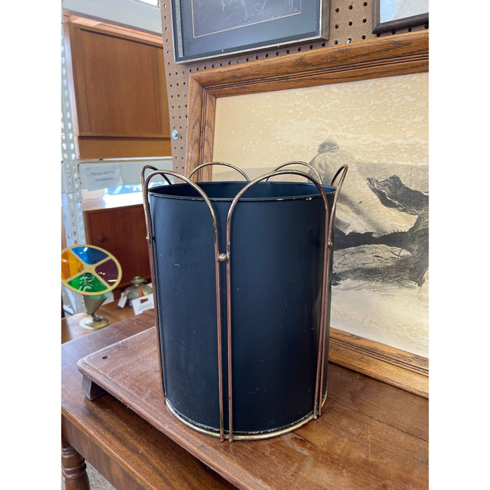 Vintage Black Trash Bin With Gold Toned Accents