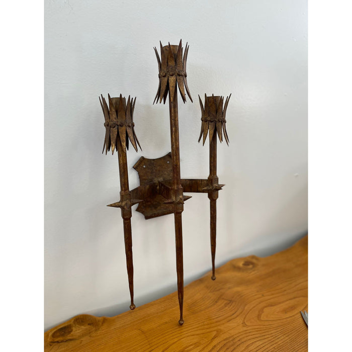 Vintage Brutalist Style Gilt Wall Sconce Candle Holder