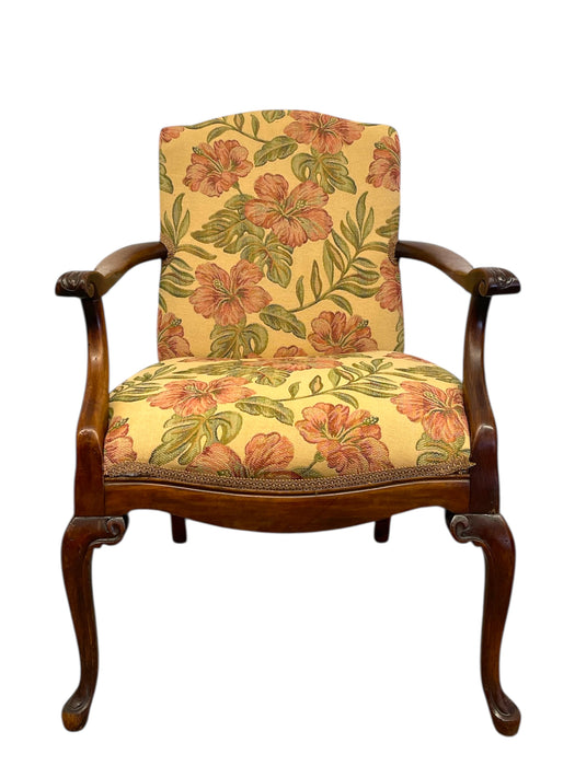 Vintage Carved Wood Floral Armchair - Upholstered Accent Chair with Cabriole Legs