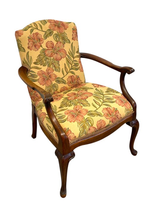 Vintage Carved Wood Floral Armchair - Upholstered Accent Chair with Cabriole Legs