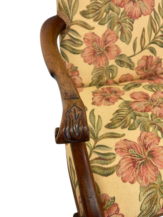 Vintage Carved Wood Floral Armchair - Upholstered Accent Chair with Cabriole Legs