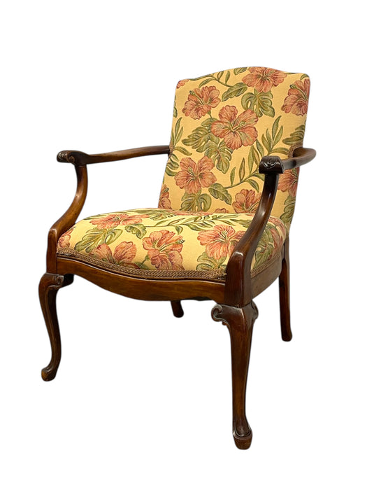Vintage Carved Wood Floral Armchair - Upholstered Accent Chair with Cabriole Legs