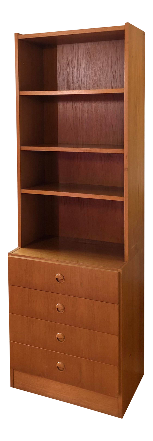 Vintage Danish Mid Century Modern Teak Free Standing Book Shelf With 4 Drawers Storage (Available online purchase only)