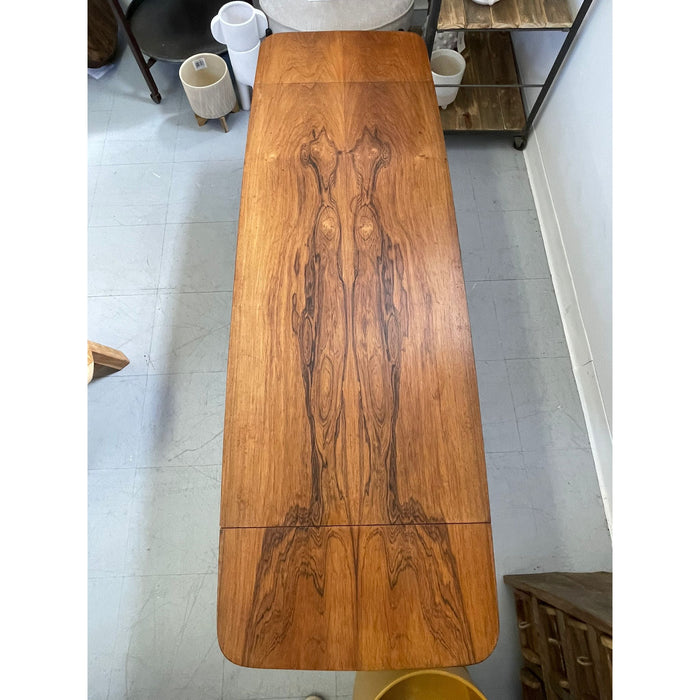 Vintage Danish Modern Coffee Table With Ornate Rosewood Grain and Wicker Shelf