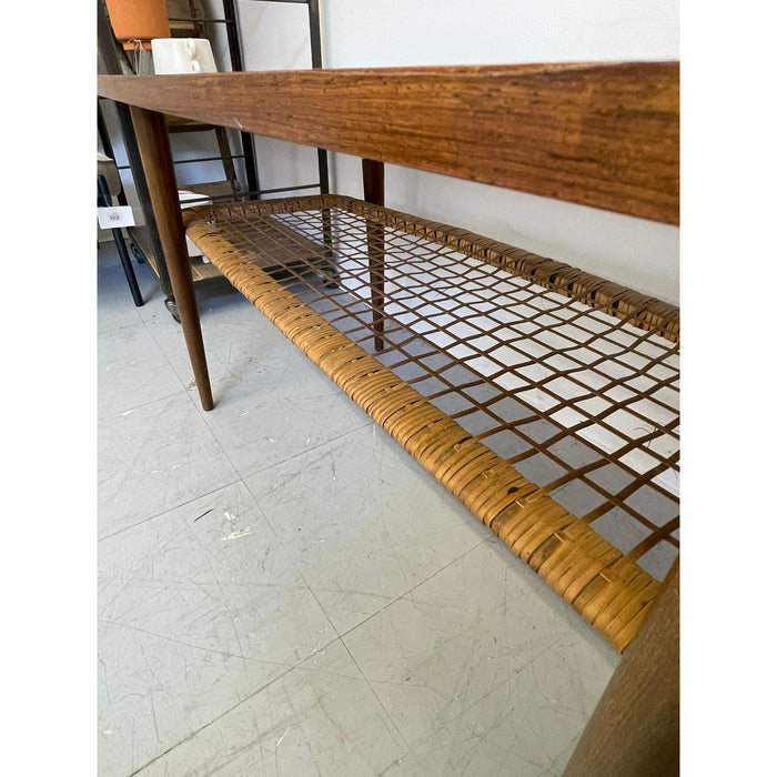 Vintage Danish Modern Coffee Table With Ornate Rosewood Grain and Wicker Shelf