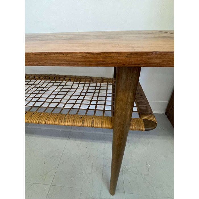 Vintage Danish Modern Coffee Table With Ornate Rosewood Grain and Wicker Shelf