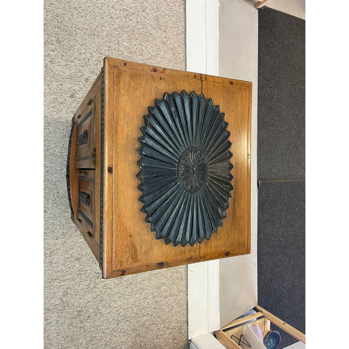 Vintage Dutch Colonial Style Cabinet With Carved Wood Accents.