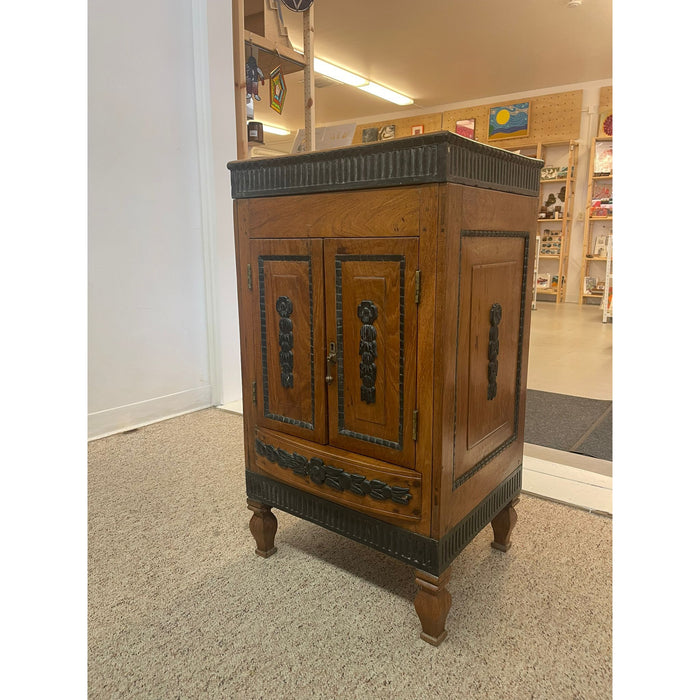 Vintage Dutch Colonial Style Cabinet With Carved Wood Accents.