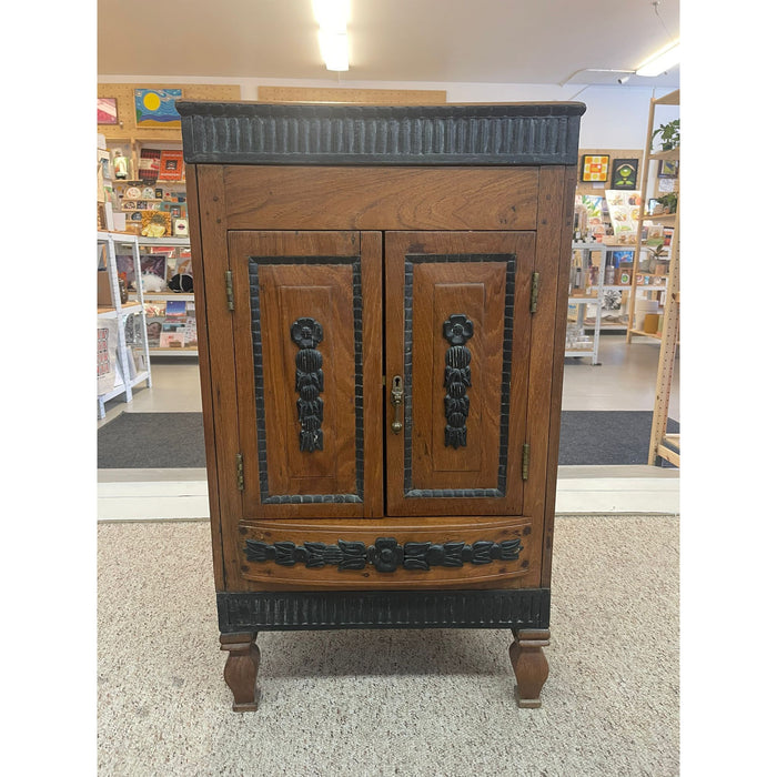 Vintage Dutch Colonial Style Cabinet With Carved Wood Accents.