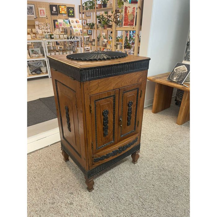 Vintage Dutch Colonial Style Cabinet With Carved Wood Accents.