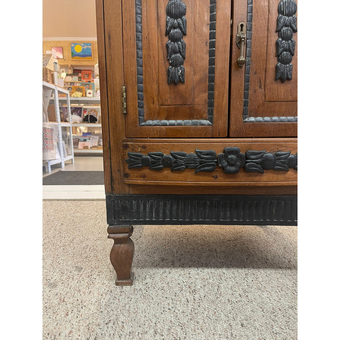 Vintage Dutch Colonial Style Cabinet With Carved Wood Accents.