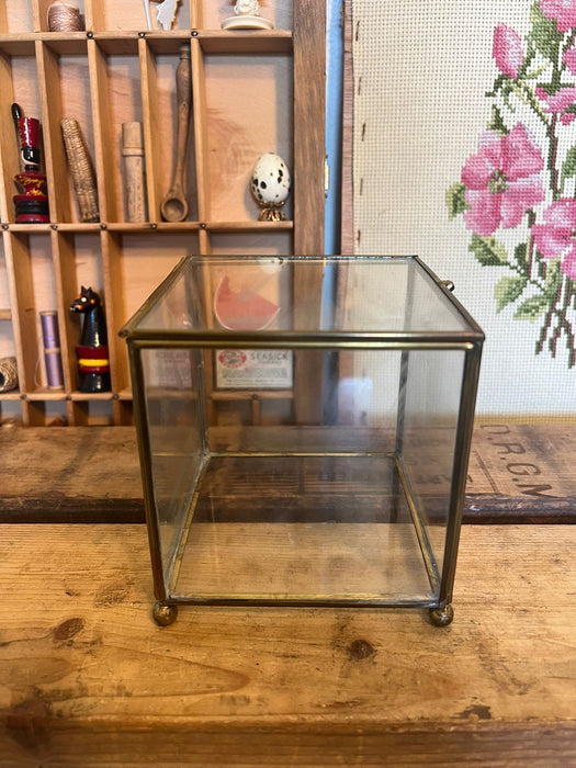 Vintage Footed Brass Metal Glass Trinket Jewelry Box