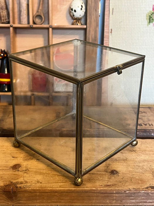Vintage Footed Brass Metal Glass Trinket Jewelry Box