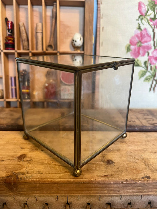 Vintage Footed Brass Metal Glass Trinket Jewelry Box