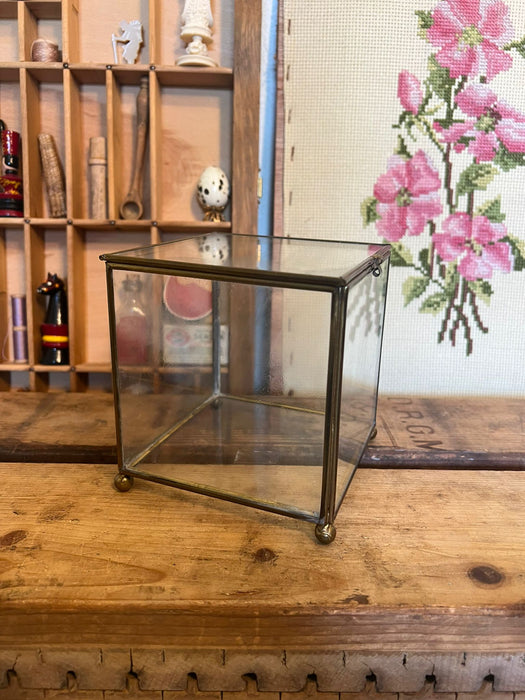 Vintage Footed Brass Metal Glass Trinket Jewelry Box