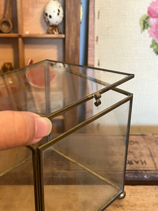 Vintage Footed Brass Metal Glass Trinket Jewelry Box