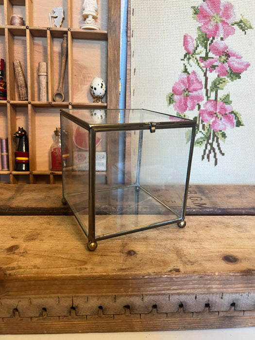 Vintage Footed Brass Metal Glass Trinket Jewelry Box
