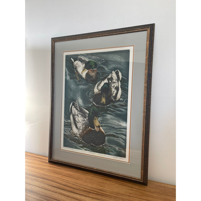 Vintage Framed Art Print Titled “ Drakes Approaching “ by Suellen Ross- Artist Proof Edition.