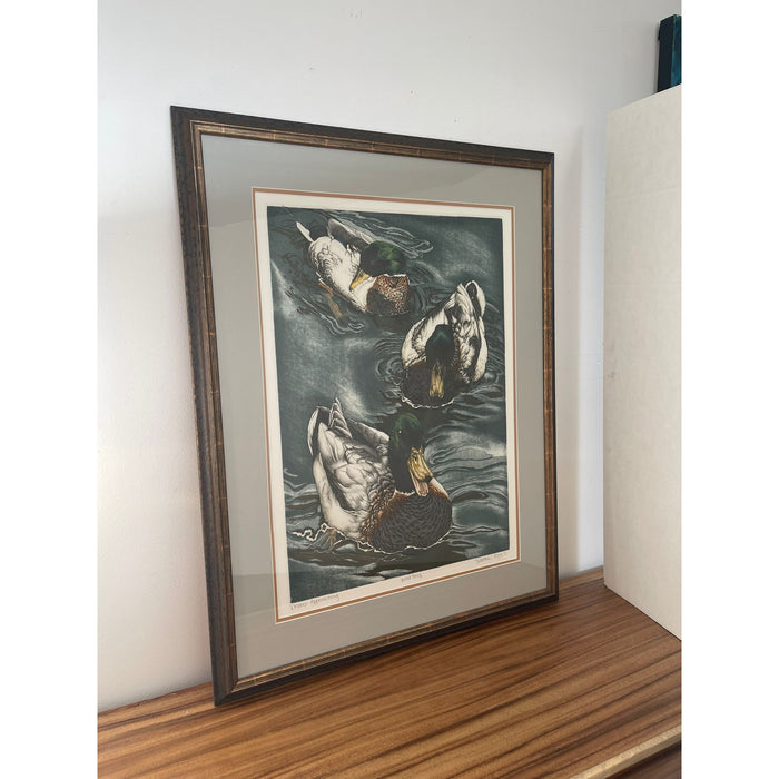 Vintage Framed Art Print Titled “ Drakes Approaching “ by Suellen Ross- Artist Proof Edition.