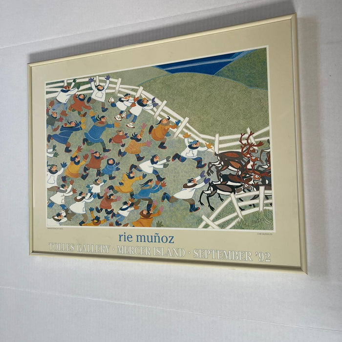 Vintage Framed Art Print Titled “ Reindeer Roundup“ by Rie Munoz. Circa 1992