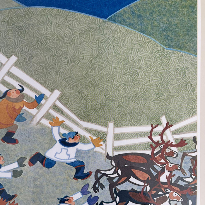 Vintage Framed Art Print Titled “ Reindeer Roundup“ by Rie Munoz. Circa 1992