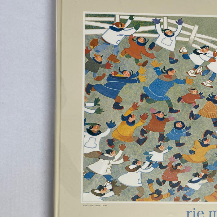 Vintage Framed Art Print Titled “ Reindeer Roundup“ by Rie Munoz. Circa 1992