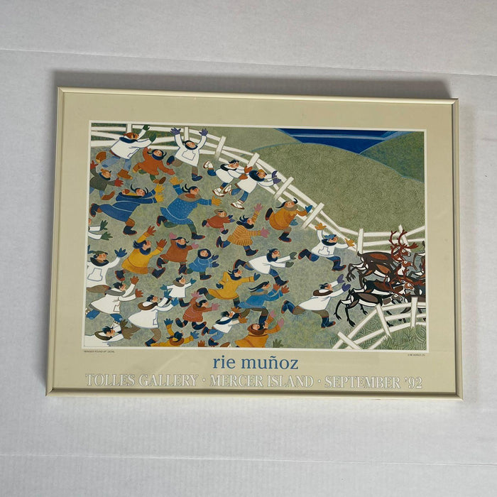 Vintage Framed Art Print Titled “ Reindeer Roundup“ by Rie Munoz. Circa 1992