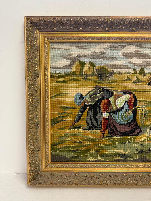 Vintage Framed Needlepoint Tapestry - The Gleaners Inspired