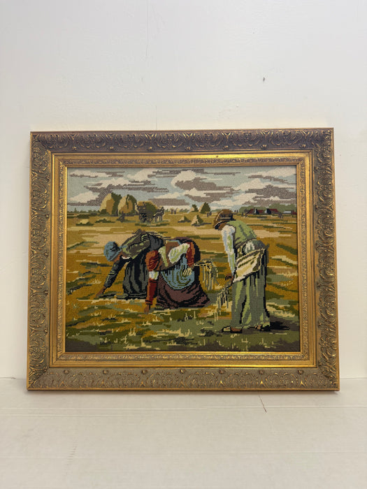 Vintage Framed Needlepoint Tapestry - The Gleaners Inspired