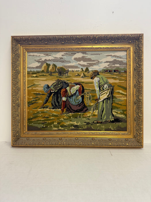 Vintage Framed Needlepoint Tapestry - The Gleaners Inspired