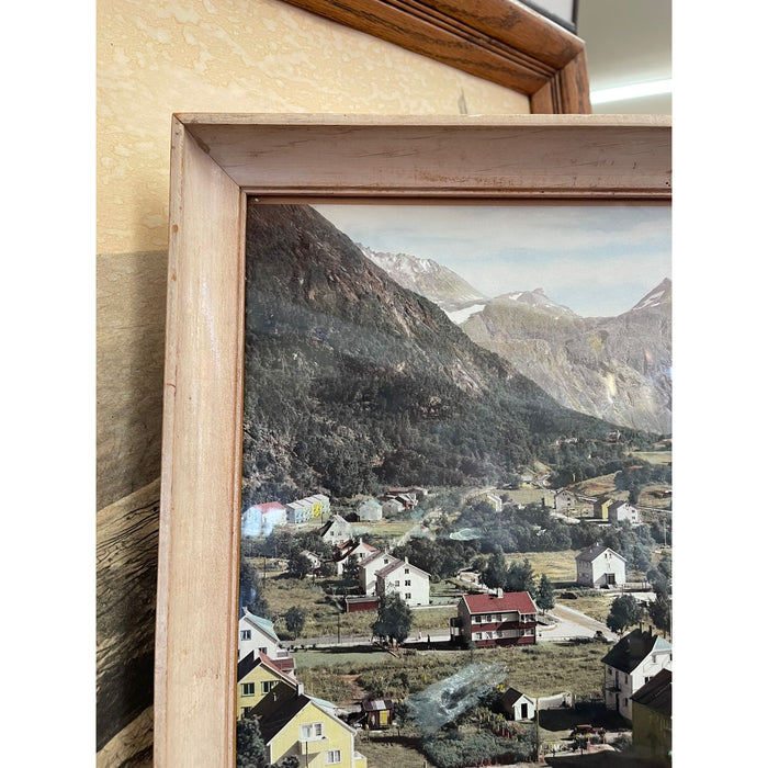 Vintage Framed Original Tinted Photograph of Mountain Side Cityscape