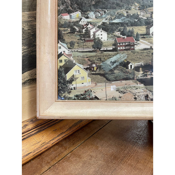 Vintage Framed Original Tinted Photograph of Mountain Side Cityscape