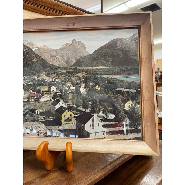 Vintage Framed Original Tinted Photograph of Mountain Side Cityscape