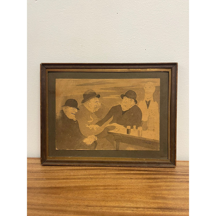 Vintage Framed and Signed Original Artwork of Men Sitting at a Table