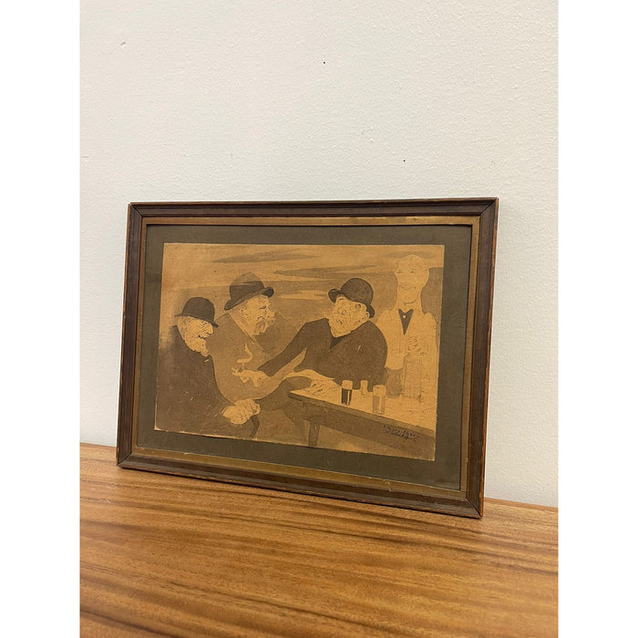 Vintage Framed and Signed Original Artwork of Men Sitting at a Table
