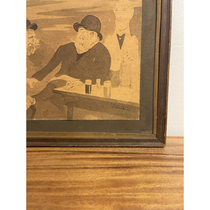 Vintage Framed and Signed Original Artwork of Men Sitting at a Table
