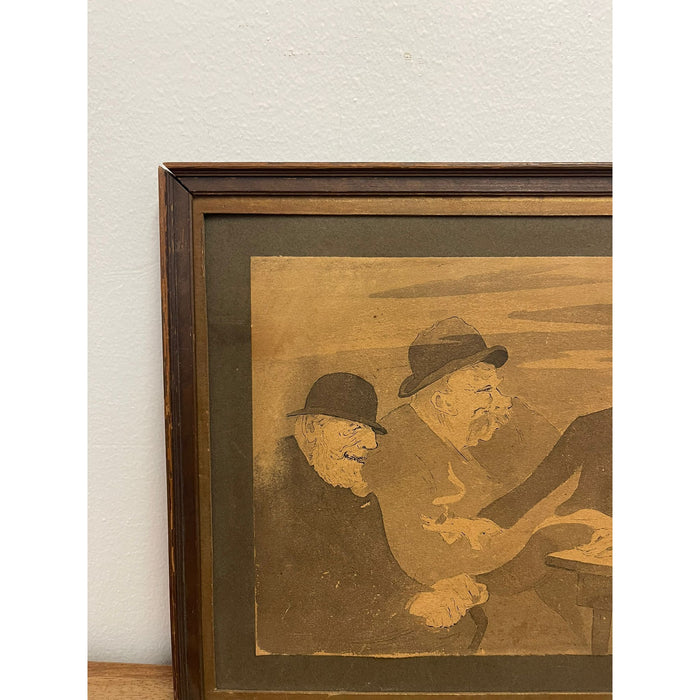 Vintage Framed and Signed Original Artwork of Men Sitting at a Table