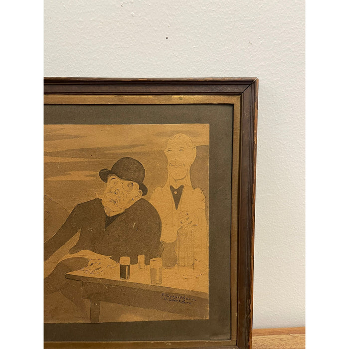 Vintage Framed and Signed Original Artwork of Men Sitting at a Table