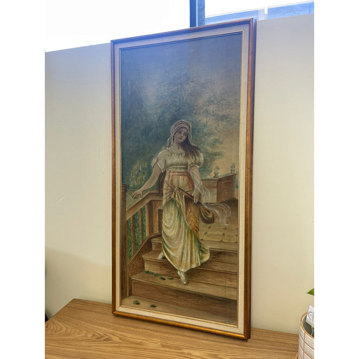 Vintage Framed and Signed Original Painted Portrait of a Woman on Fabric.
