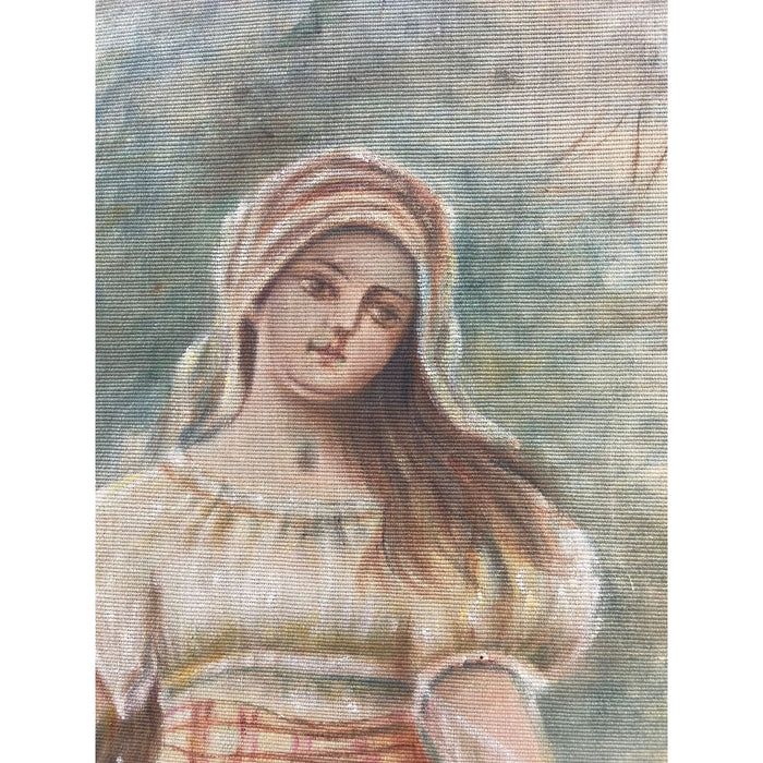 Vintage Framed and Signed Original Painted Portrait of a Woman on Fabric.